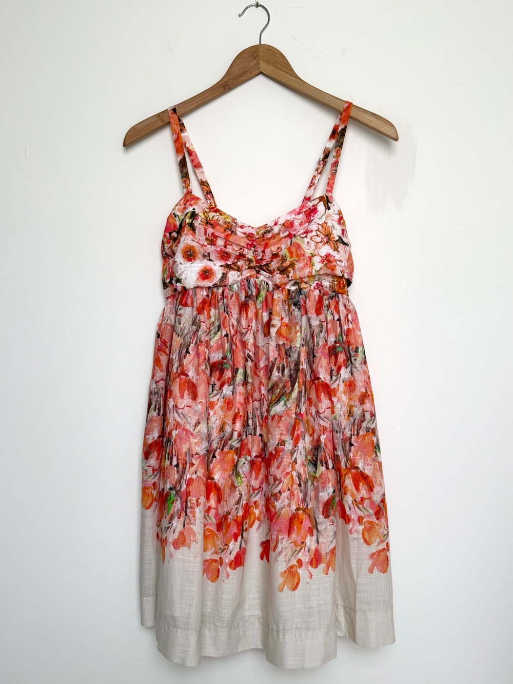 LAVENDER BROWN Watercolor Floral Mini Sundress, Peach/Red-Orange, Size S